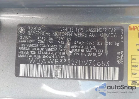 2007 BMW 328I from USA, damaged, VIN WBAWB33527PV70853